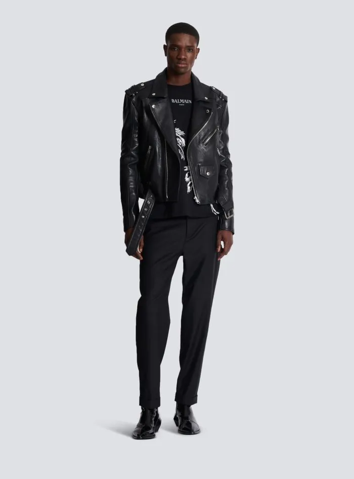 Balmain Outerwear Men Calfskin Biker Jacket Black