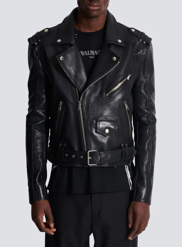 Balmain Outerwear Men Calfskin Biker Jacket Black