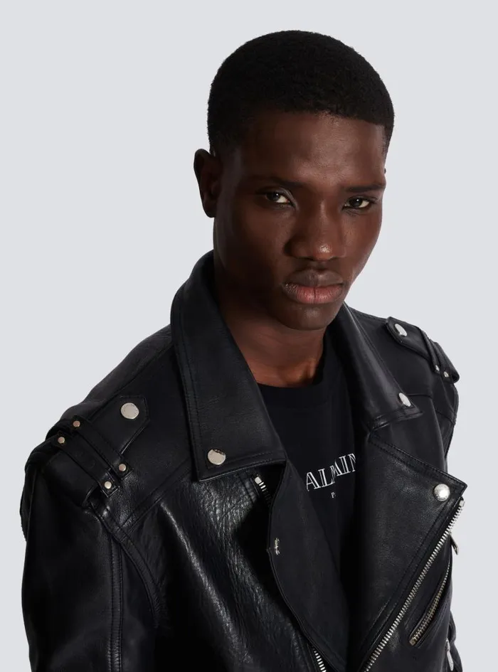 Balmain Outerwear Men Calfskin Biker Jacket Black