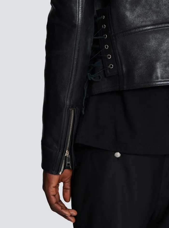 Balmain Outerwear Men Calfskin Biker Jacket Black