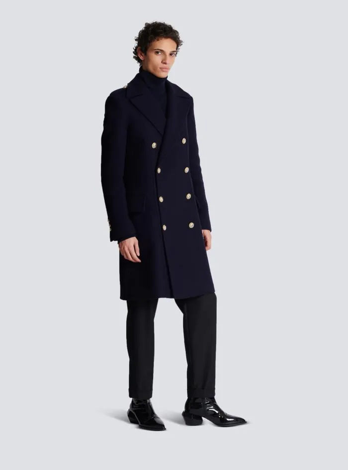 Balmain Outerwear Men Coat In Felted Doublefaced Wool Navy