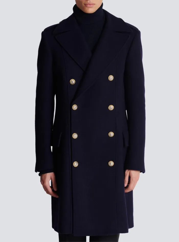 Balmain Outerwear Men Coat In Felted Doublefaced Wool Navy