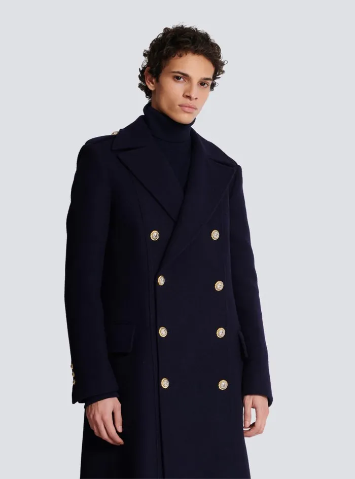 Balmain Outerwear Men Coat In Felted Doublefaced Wool Navy