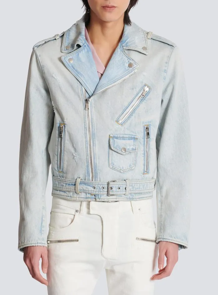 Balmain Outerwear Men Denim Biker Jacket Blue