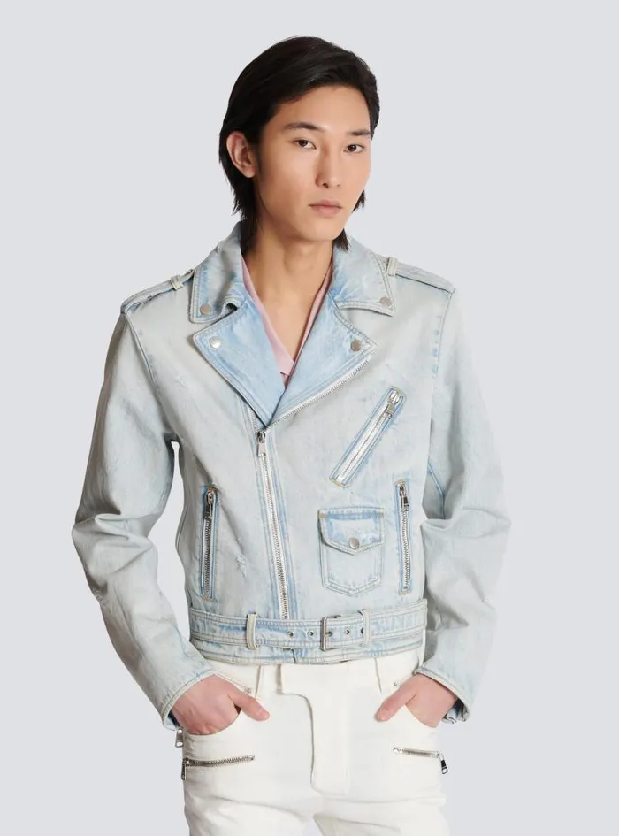 Balmain Outerwear Men Denim Biker Jacket Blue