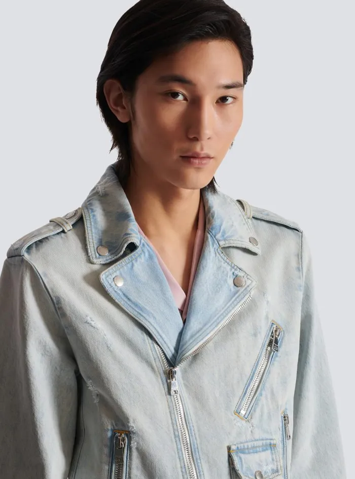 Balmain Outerwear Men Denim Biker Jacket Blue
