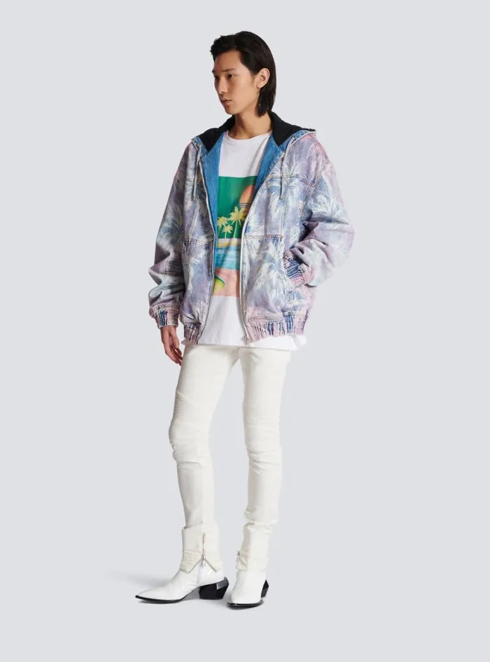 Balmain Outerwear Men Denim Hooded Bomber Jacket With Palm Tree Print Blue Balmain Outerwear Men Denim Hooded Bomber Jacket With Palm Tree Print Blue
