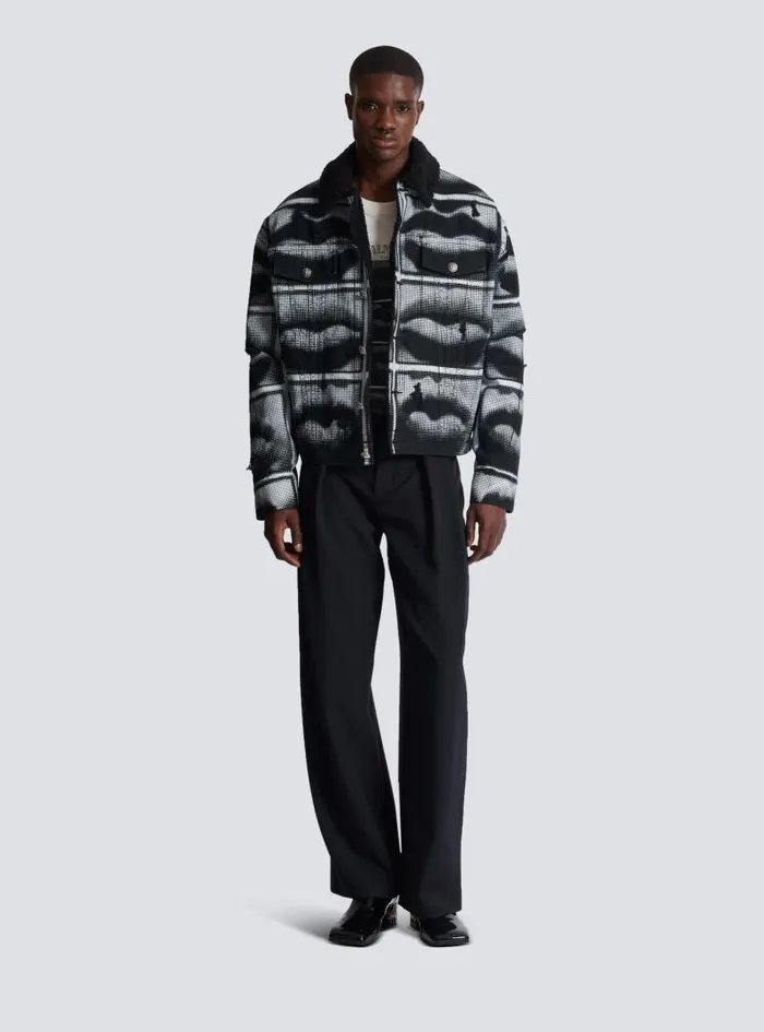Balmain Outerwear Men Denim Jacket With Lips Print Black