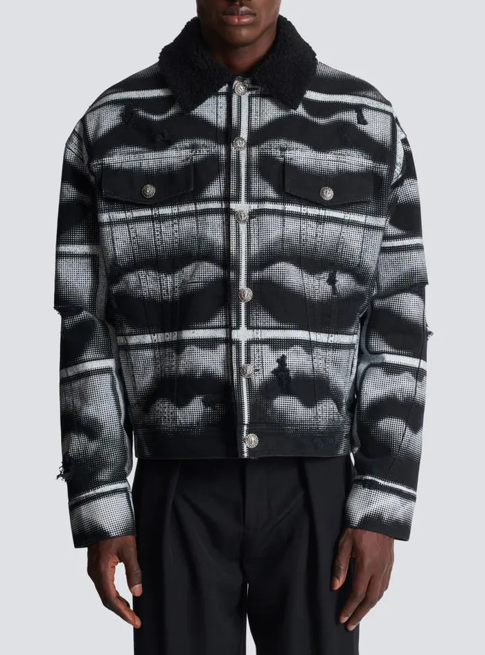 Balmain Outerwear Men Denim Jacket With Lips Print Black