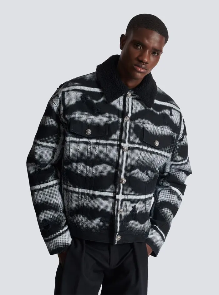 Balmain Outerwear Men Denim Jacket With Lips Print Black