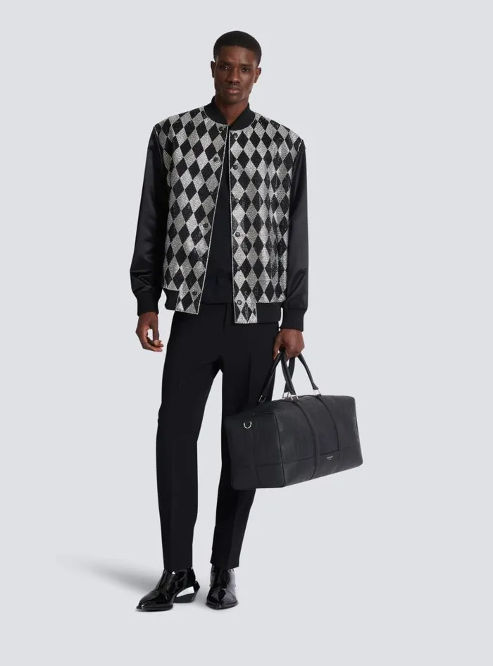Balmain Outerwear Men Diamond Satin Bomber Jacket With Rhinestones Black