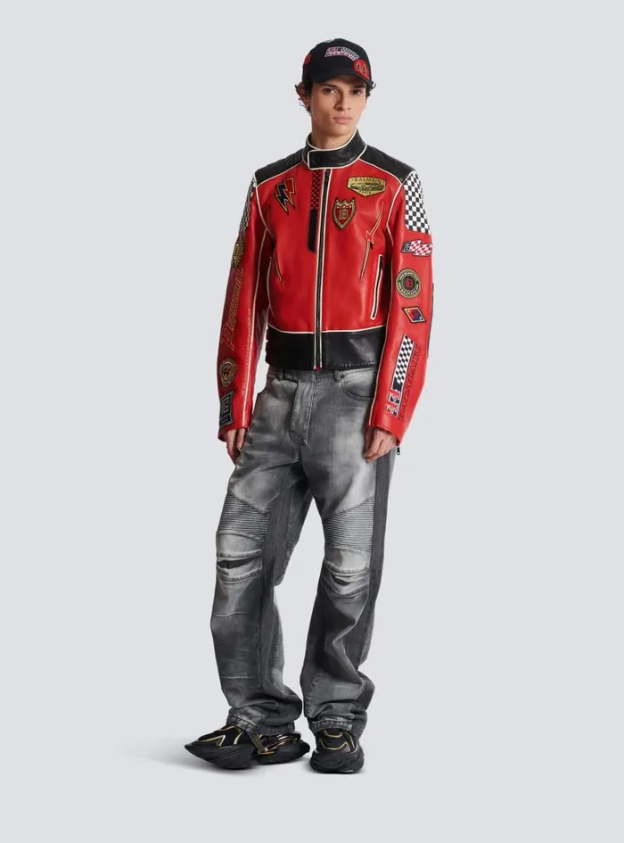 Balmain Outerwear Men Lambskin Jacket With Racing Patches Red