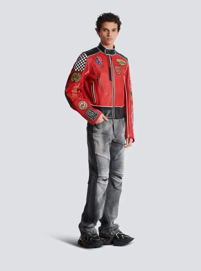 Balmain Outerwear Men Lambskin Jacket With Racing Patches Red