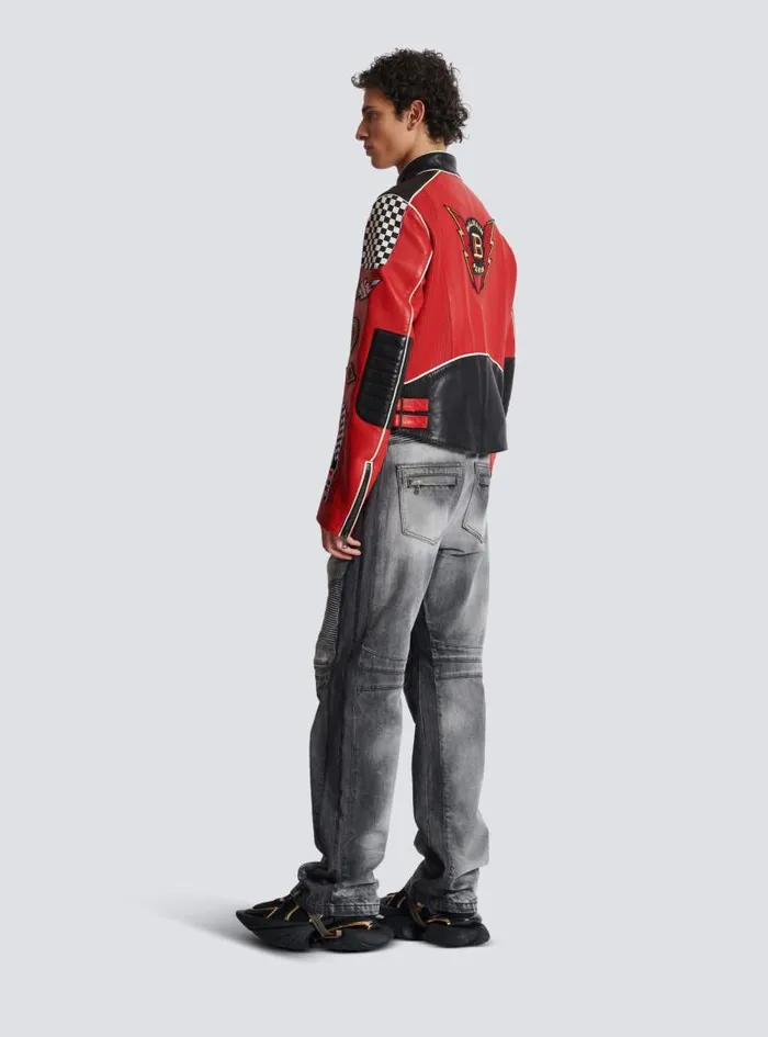Balmain Outerwear Men Lambskin Jacket With Racing Patches Red