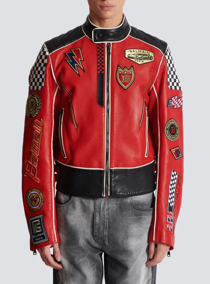Balmain Outerwear Men Lambskin Jacket With Racing Patches Red