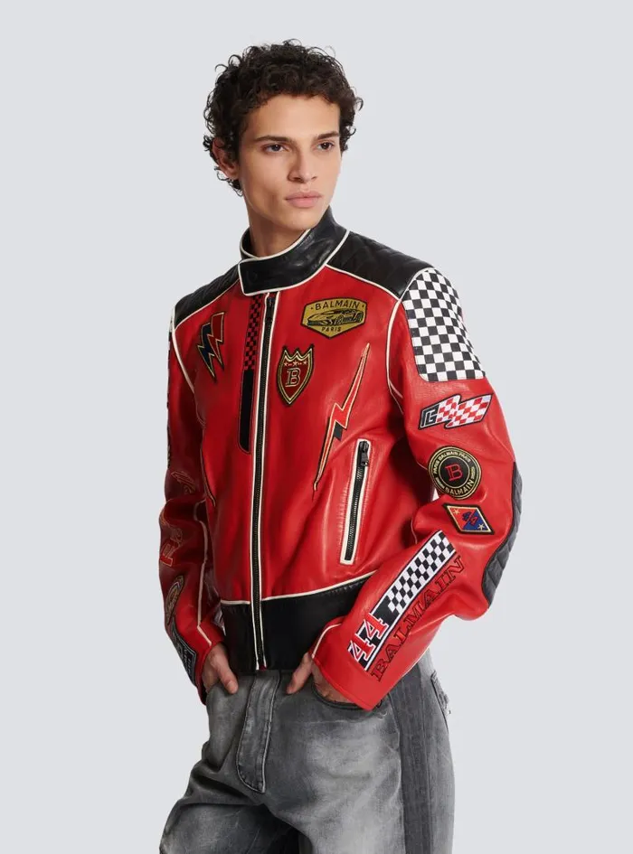 Balmain Outerwear Men Lambskin Jacket With Racing Patches Red
