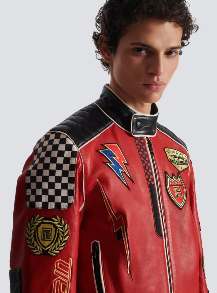 Balmain Outerwear Men Lambskin Jacket With Racing Patches Red