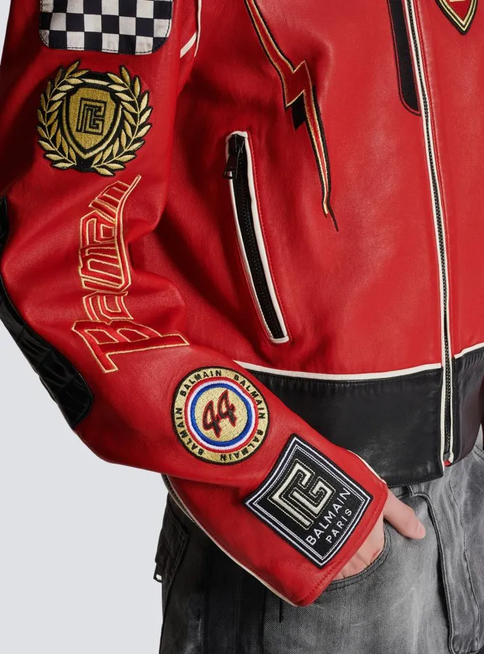 Balmain Outerwear Men Lambskin Jacket With Racing Patches Red