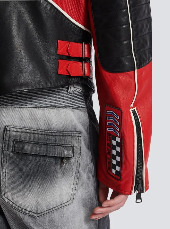 Balmain Outerwear Men Lambskin Jacket With Racing Patches Red