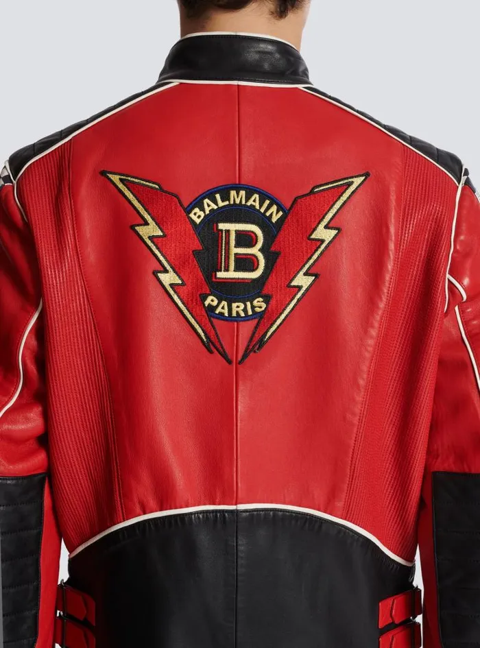 Balmain Outerwear Men Lambskin Jacket With Racing Patches Red