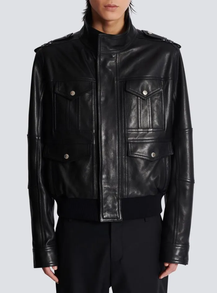 Balmain Outerwear Men Lambskin Leather Jacket With 4 Pockets Black
