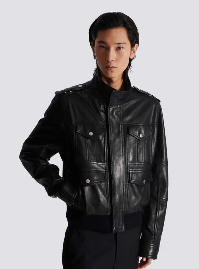Balmain Outerwear Men Lambskin Leather Jacket With 4 Pockets Black