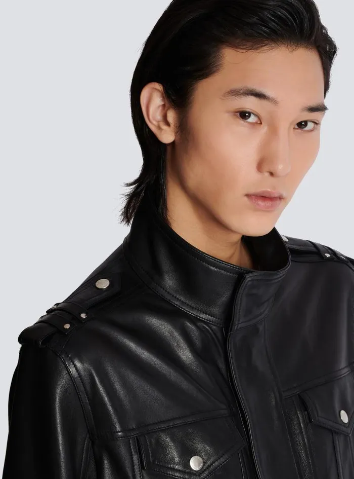 Balmain Outerwear Men Lambskin Leather Jacket With 4 Pockets Black