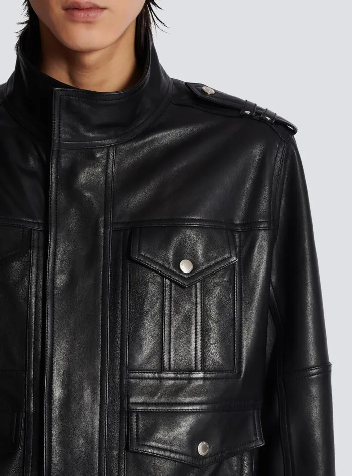 Balmain Outerwear Men Lambskin Leather Jacket With 4 Pockets Black