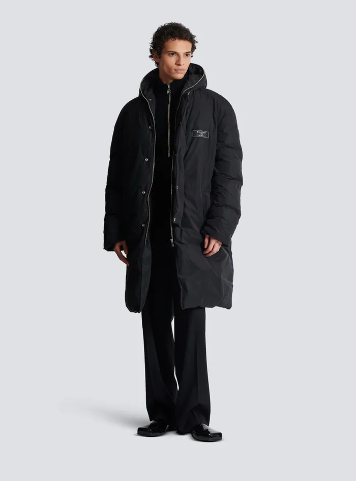 Balmain Outerwear Men Long Down Nylon Jacket With Label Black