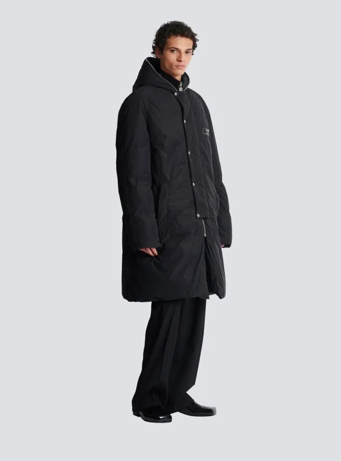Balmain Outerwear Men Long Down Nylon Jacket With Label Black