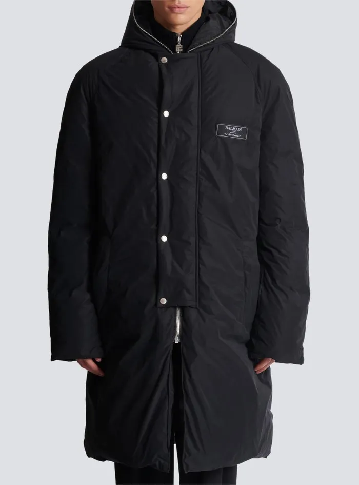 Balmain Outerwear Men Long Down Nylon Jacket With Label Black