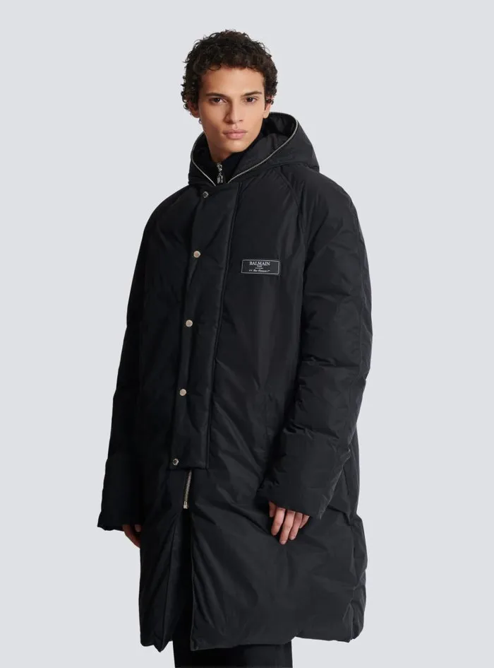 Balmain Outerwear Men Long Down Nylon Jacket With Label Black