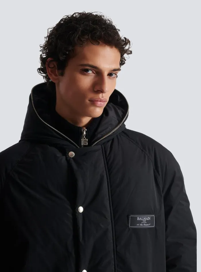 Balmain Outerwear Men Long Down Nylon Jacket With Label Black