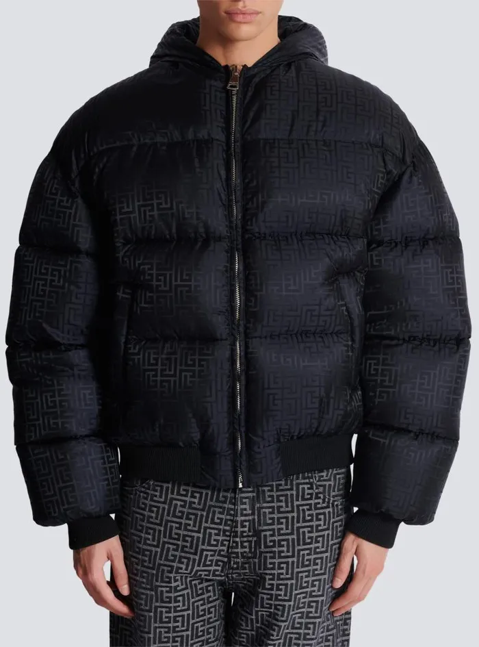 Balmain Outerwear Men PB Labyrinth Jacquard Nylon Puffer Jacket Black
