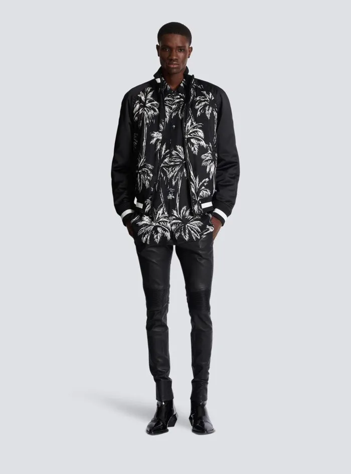 Balmain Outerwear Men Printed Satin Palm Tree Bomber Jacket Black