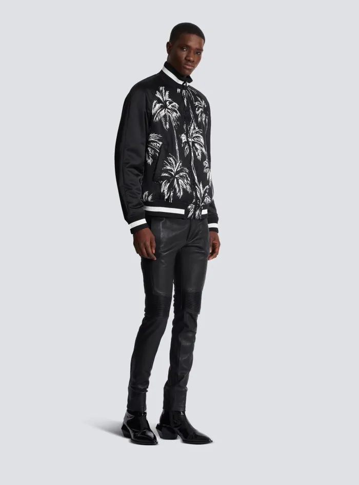 Balmain Outerwear Men Printed Satin Palm Tree Bomber Jacket Black