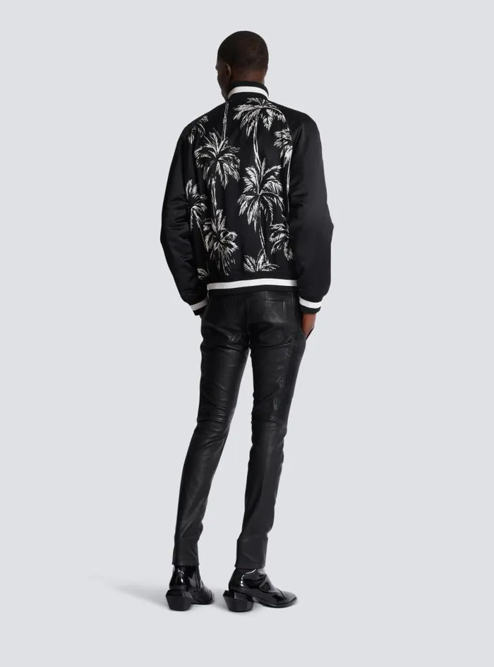Balmain Outerwear Men Printed Satin Palm Tree Bomber Jacket Black