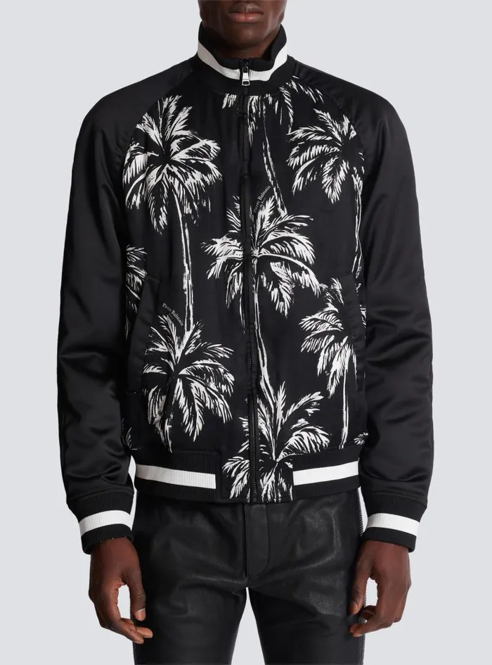 Balmain Outerwear Men Printed Satin Palm Tree Bomber Jacket Black