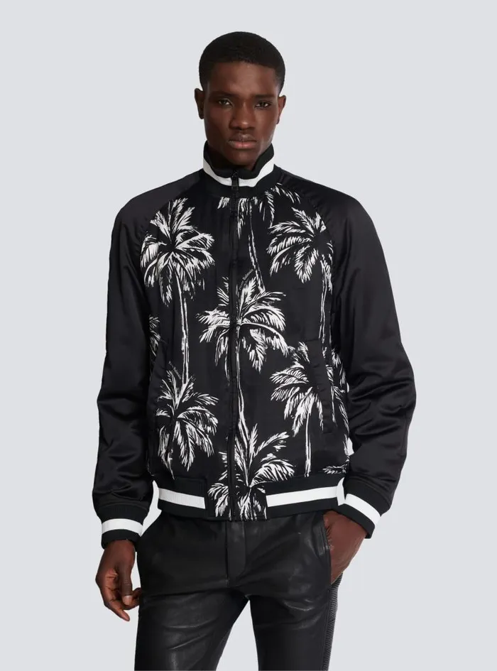 Balmain Outerwear Men Printed Satin Palm Tree Bomber Jacket Black