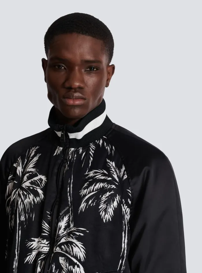 Balmain Outerwear Men Printed Satin Palm Tree Bomber Jacket Black