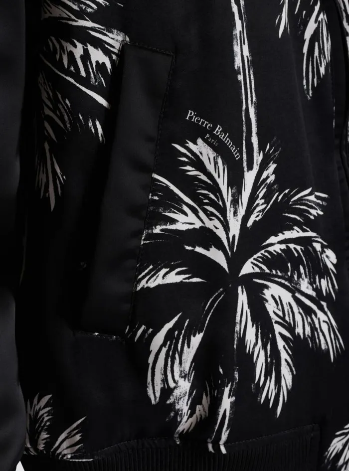 Balmain Outerwear Men Printed Satin Palm Tree Bomber Jacket Black