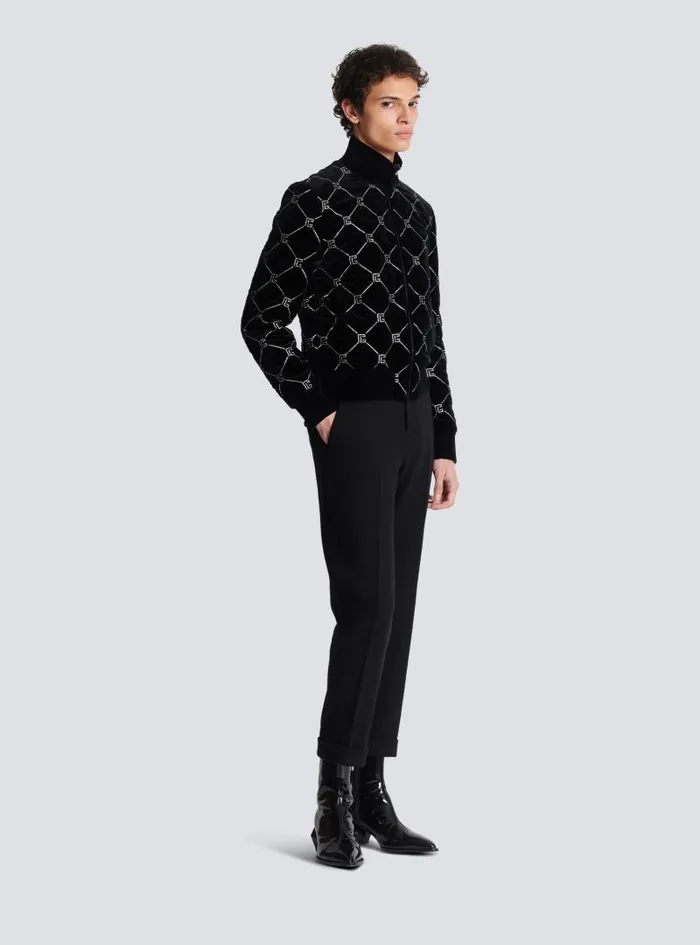 Balmain Outerwear Men Quilted Rhinestone Bomber Jacket Silver