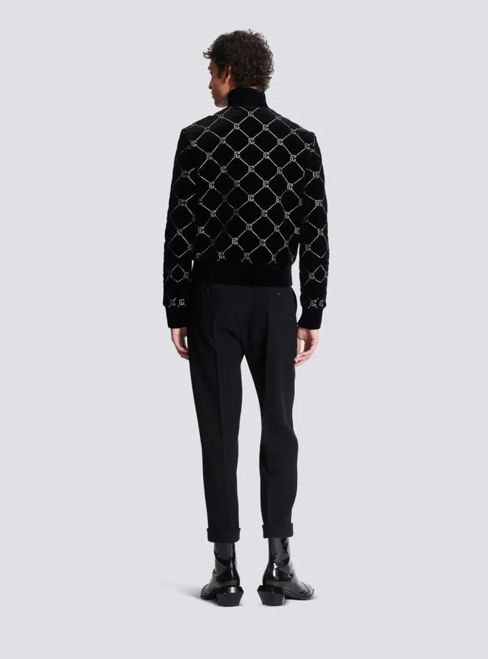 Balmain Outerwear Men Quilted Rhinestone Bomber Jacket Silver