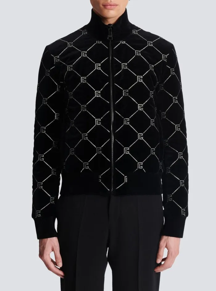 Balmain Outerwear Men Quilted Rhinestone Bomber Jacket Silver