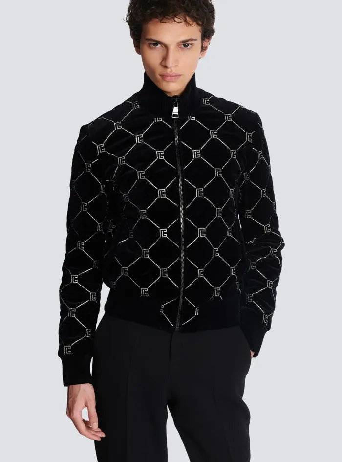 Balmain Outerwear Men Quilted Rhinestone Bomber Jacket Silver