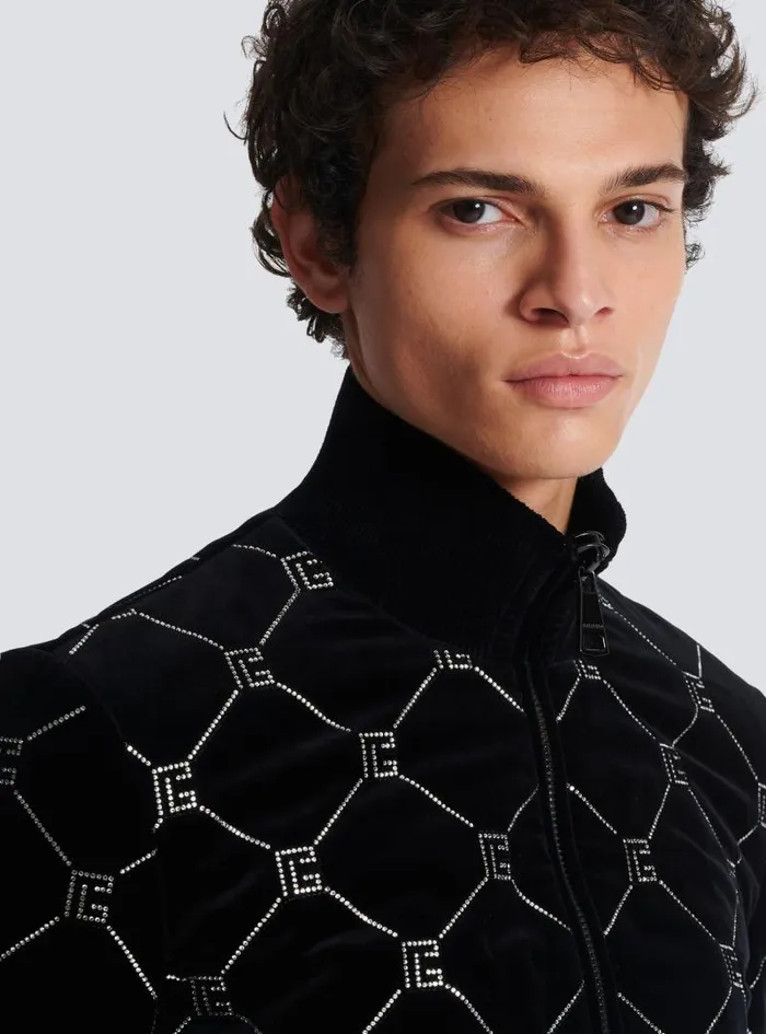 Balmain Outerwear Men Quilted Rhinestone Bomber Jacket Silver