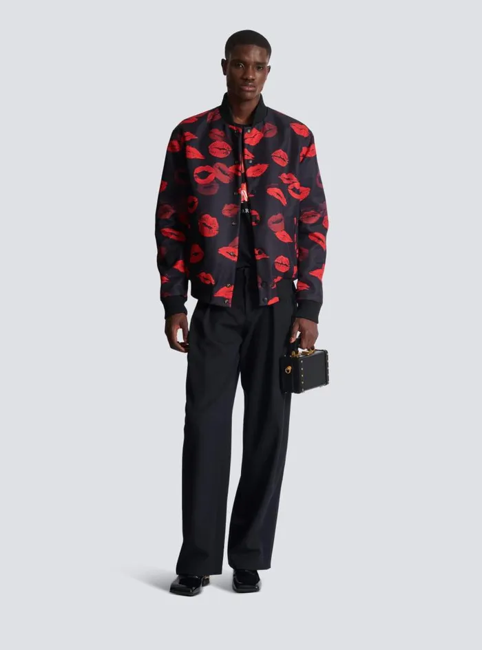 Balmain Outerwear Men Reversible Bomber Jacket In Plain And Kissprint Nylon Black Balmain Outerwear Men Reversible Bomber Jacket In Plain And Kissprint Nylon Black