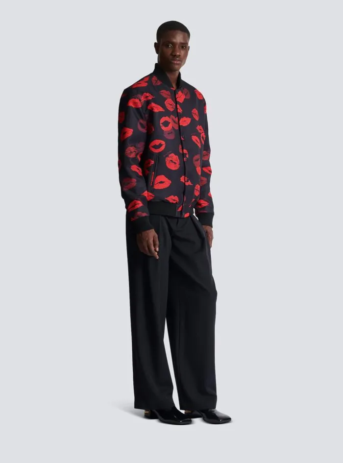 Balmain Outerwear Men Reversible Bomber Jacket In Plain And Kissprint Nylon Black
