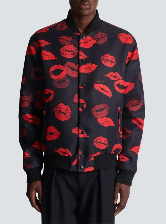 Balmain Outerwear Men Reversible Bomber Jacket In Plain And Kissprint Nylon Black