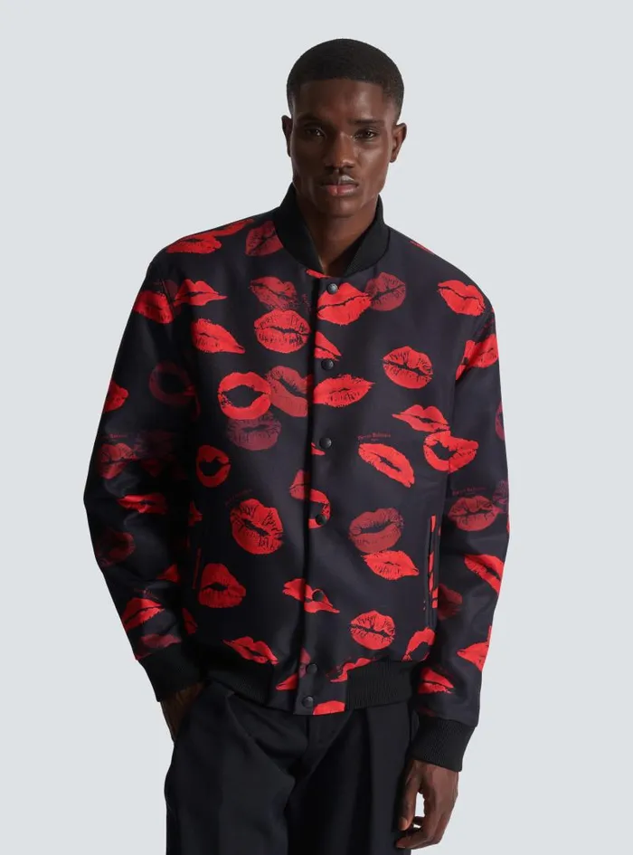 Balmain Outerwear Men Reversible Bomber Jacket In Plain And Kissprint Nylon Black